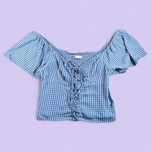 SO Blue & White Gingham Lace-Up Off-Shoulder Blouse – Size M